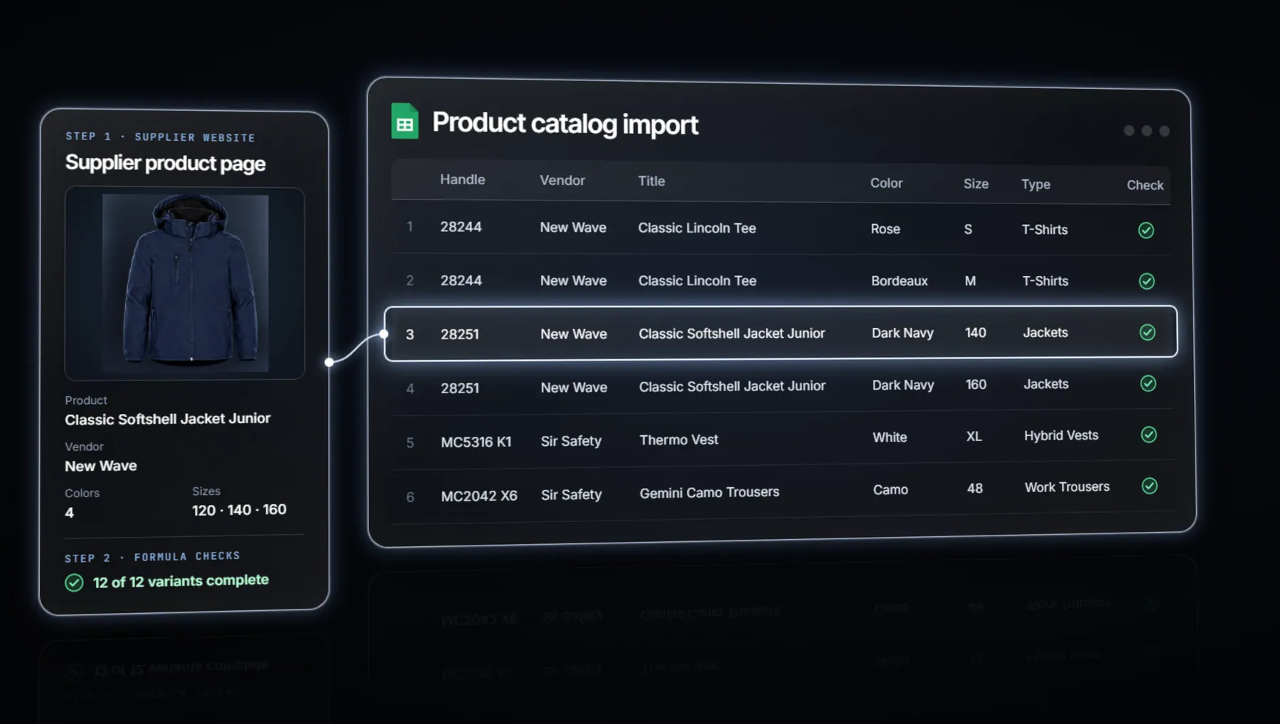 Supplier pages turned into an upload-ready product sheet